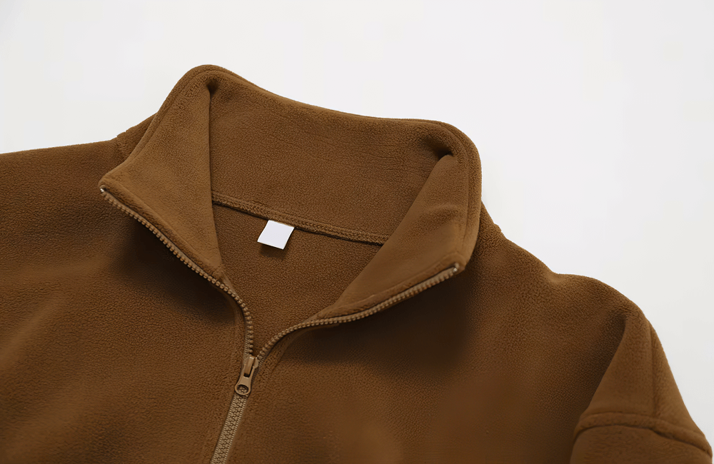 Brown women's anti-pilling fleece jacket with zipper, perfect for outdoor running. Stylish, windproof design for cycling and hiking.